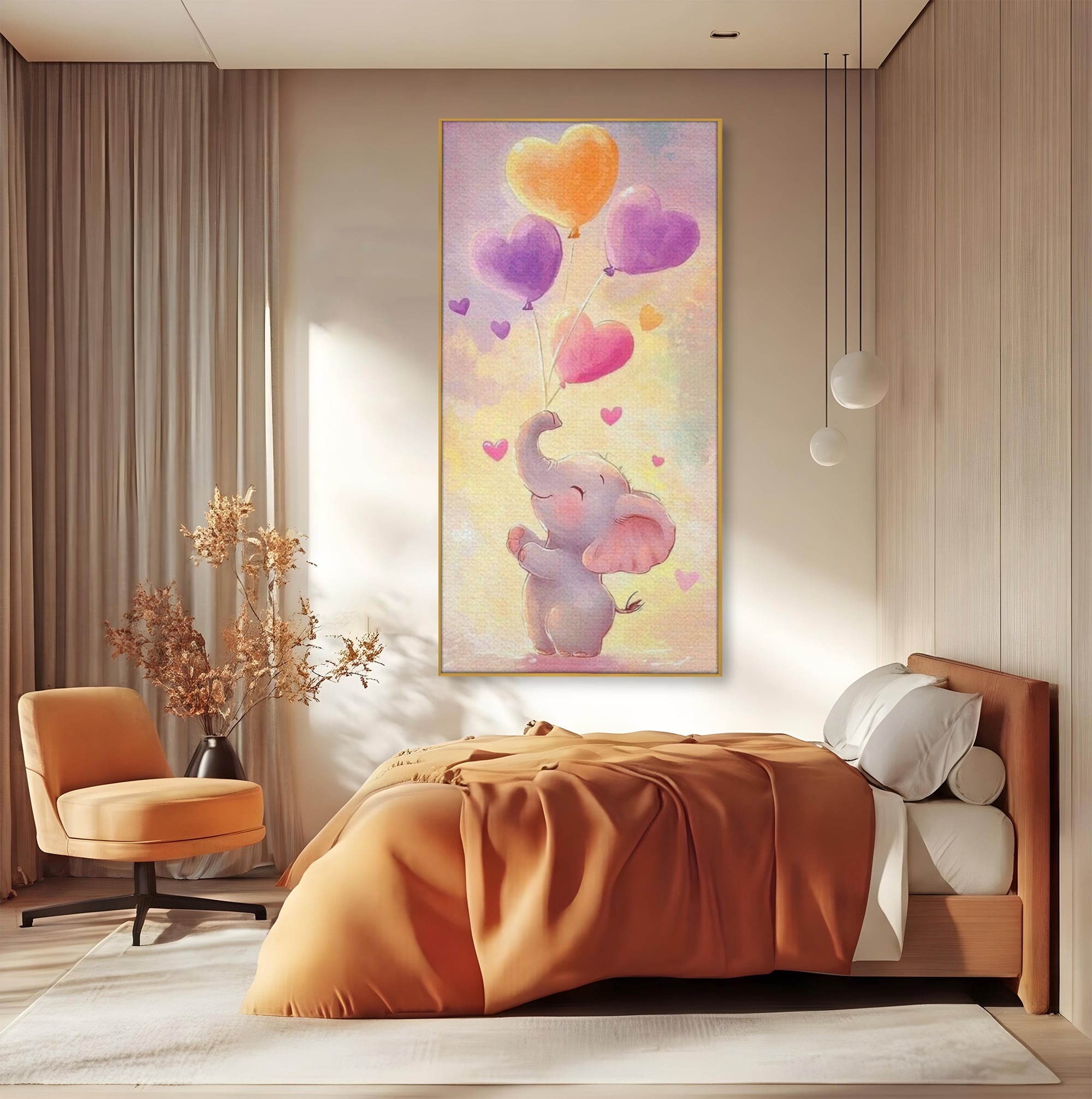Tablou canvas cu tablou canvas cu pui de elefant, in rama de aluminiu auriu, pe perete intr-un dormitor